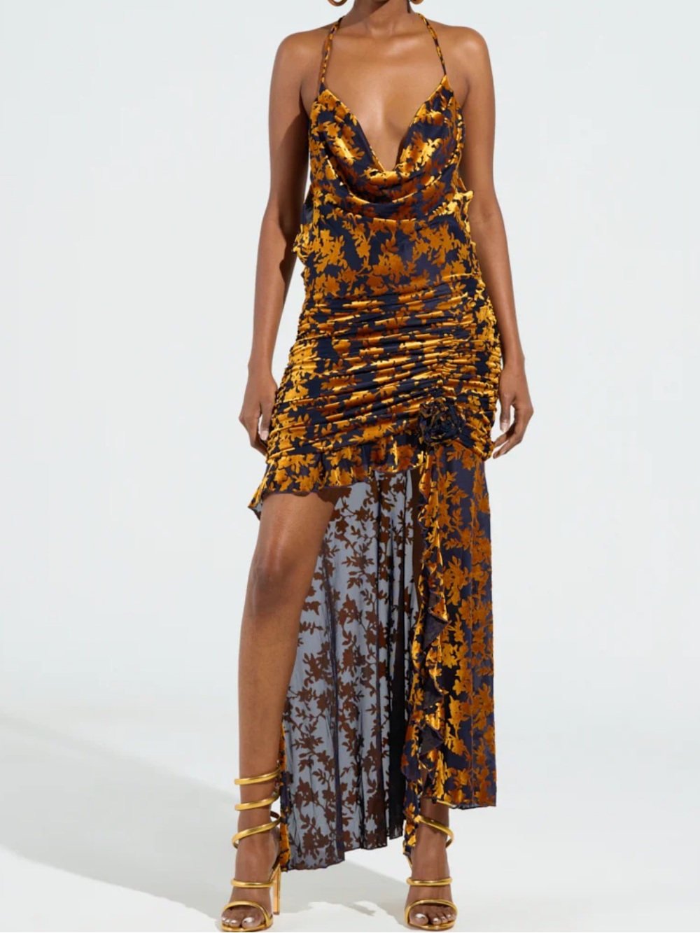 AKIRA Gold & Dark Navy Floral Backless Slip Dress - Picture 5 of 8